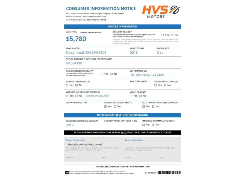 Nissan Leaf 30X 62% SOH