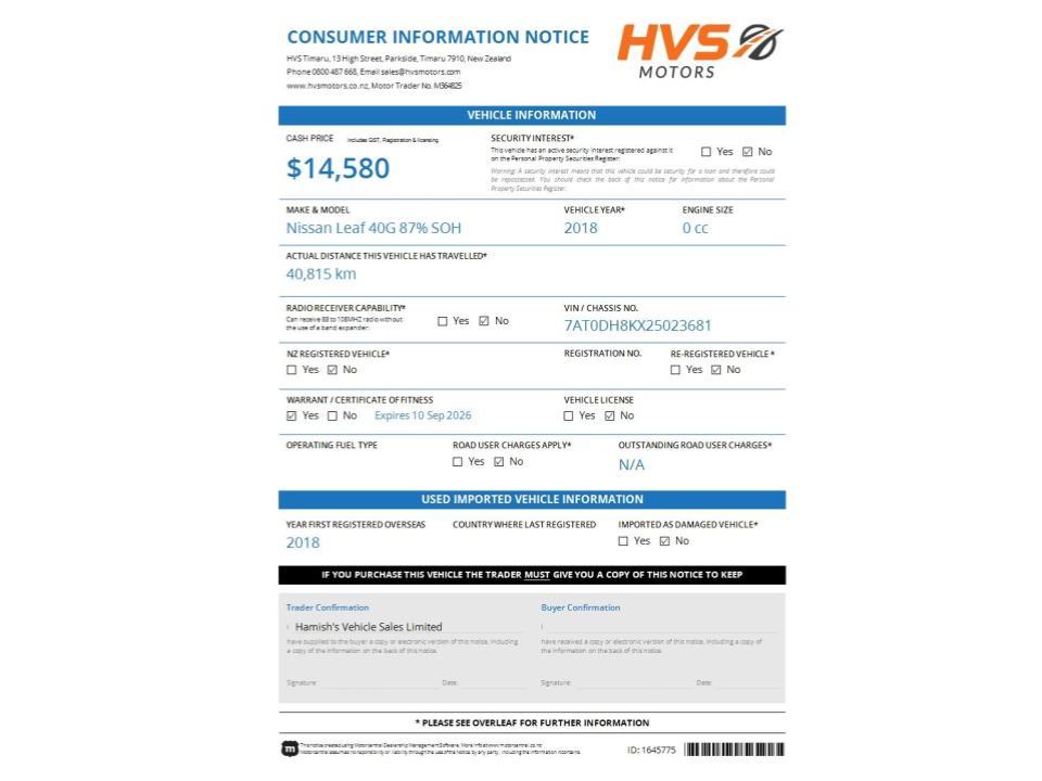 Nissan Leaf 40G 87% SOH