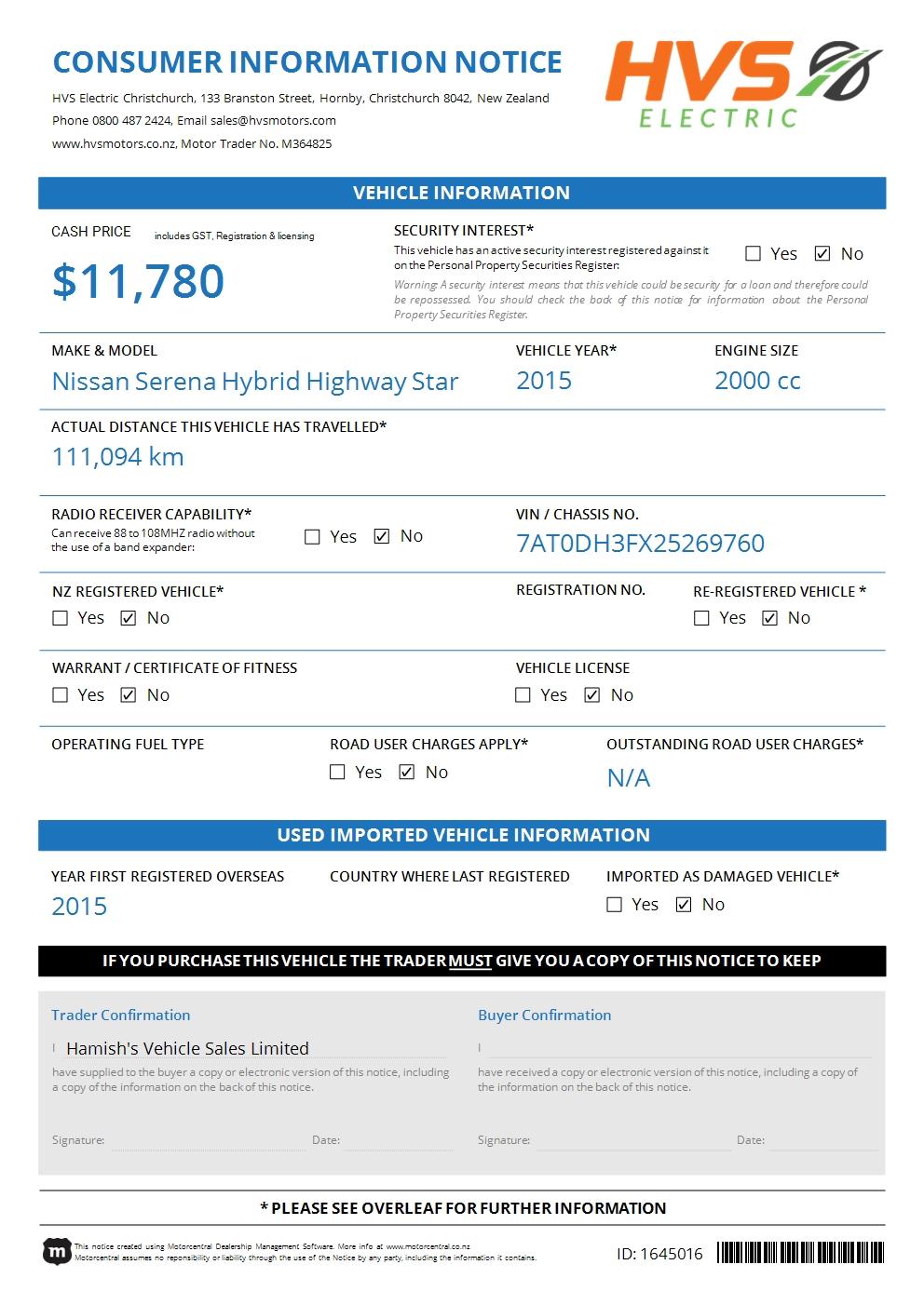 Nissan Serena 2.0 Hybrid Highway Star V Selection