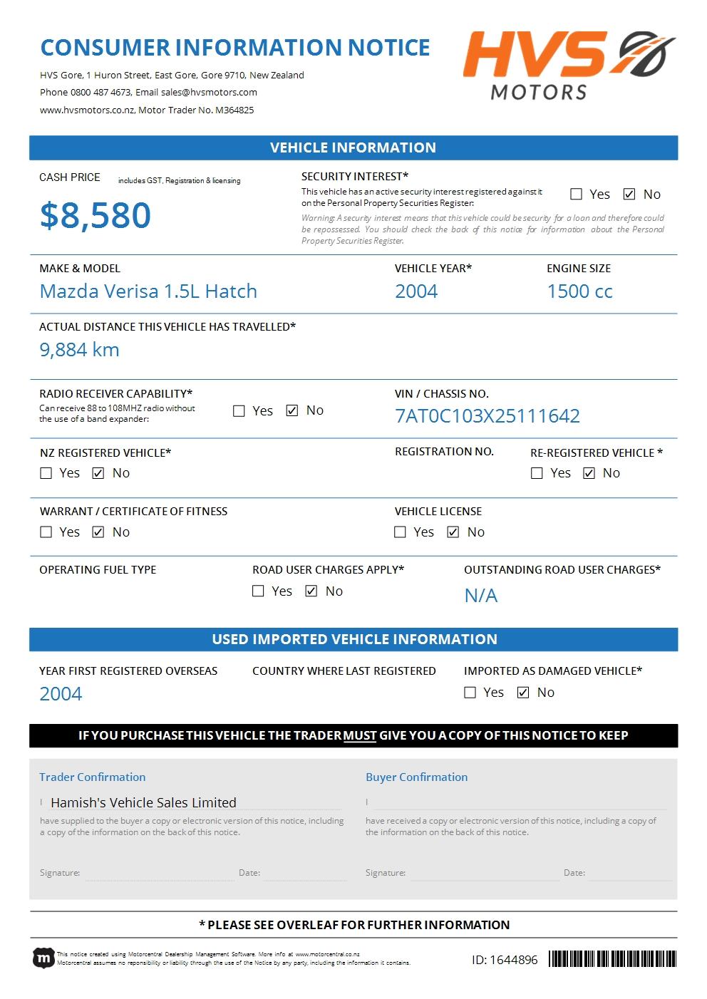 Mazda Verisa 1.5 1.5L Hatch
