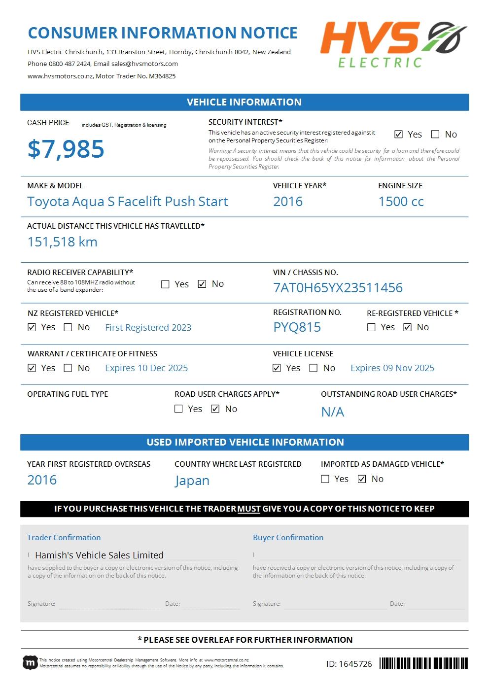 Toyota Aqua 1.5 S Facelift Push Start