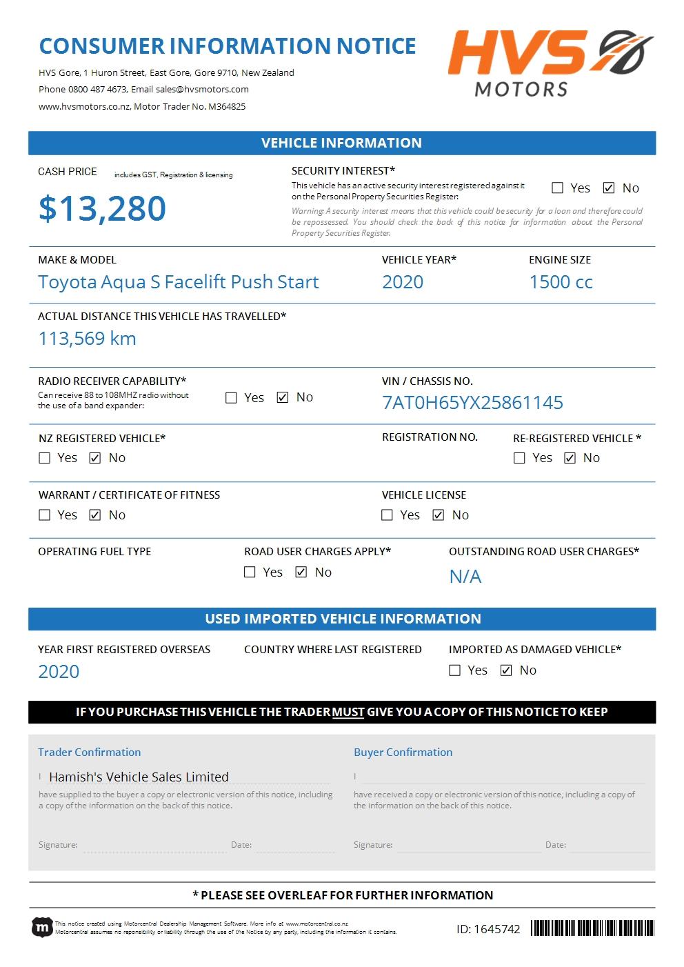 Toyota Aqua 1.5 S Facelift Push Start